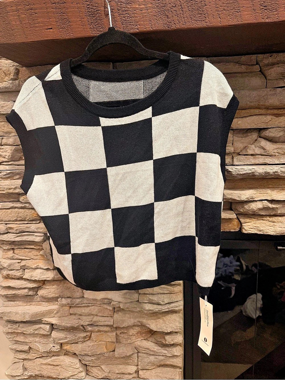 Checkered Sleeveless Sweater in Black & Cream NWT
